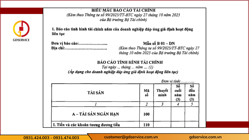 Mẫu số B01-DN - Báo cáo tình hình tài chính