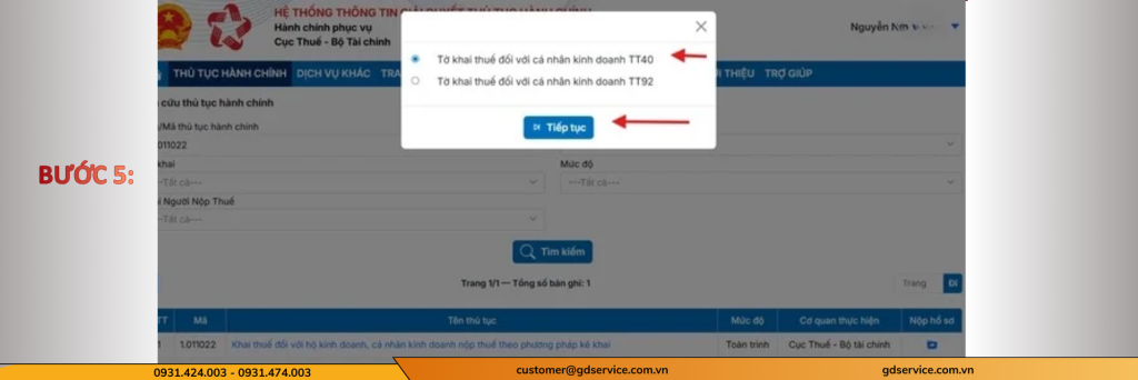 Bước 5: Lựa chọn tờ khai thuế phù hợp