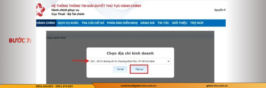 Bước 7: Chọn địa chỉ kinh doanh