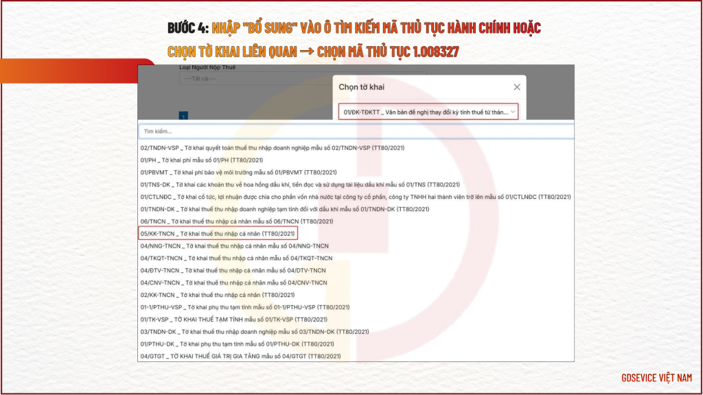 Bước 3: Nhập "bổ sung" vào ô Tìm kiếm mã thủ tục hành chính hoặc chọn tờ khai liên quan → Chọn mã thủ tục 1.008327