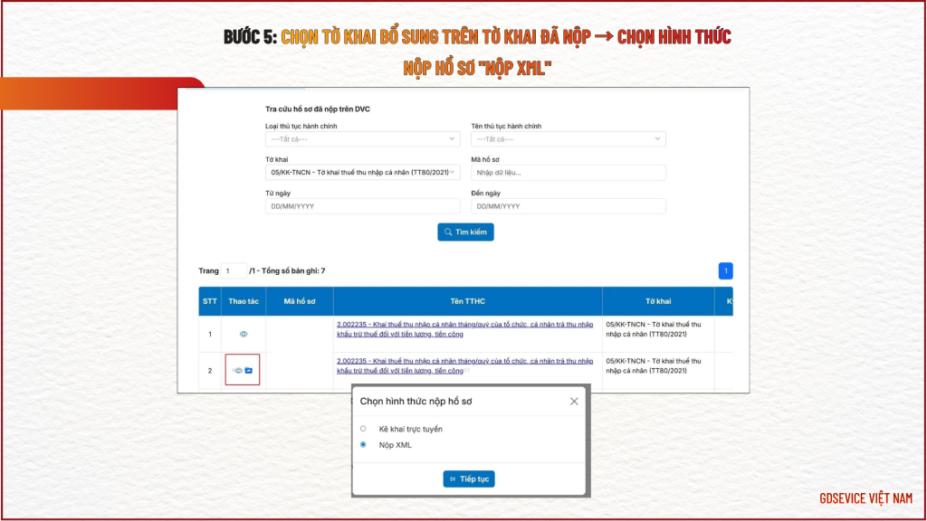 Bước 5: Chọn tờ khai bổ sung trên tờ khai đã nộp → Chọn hình thức nộp hồ sơ "Nộp XML"