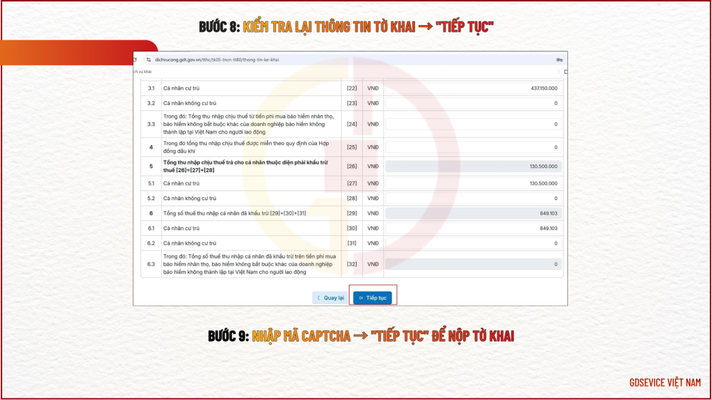 Bước 8: Kiểm tra lại thông tin tờ khai → "Tiếp tục"

Bước 9: Nhập mã captcha → "Tiếp tục" để nộp tờ khai