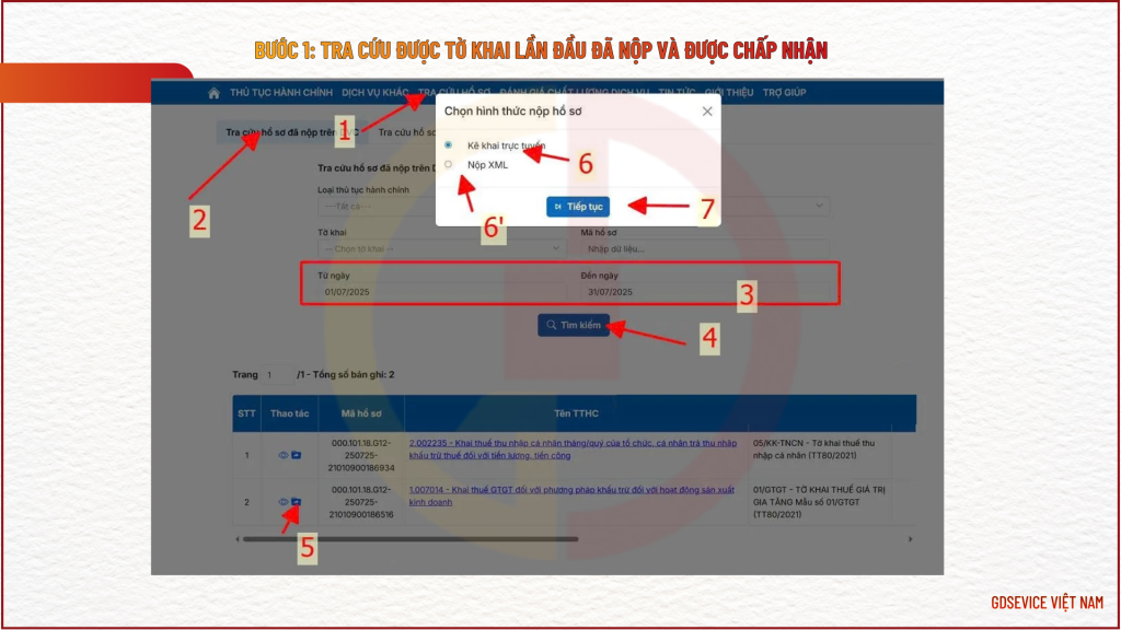 Bước 1: Tra cứu được tờ khai lần đầu đã nộp và được chấp nhận
