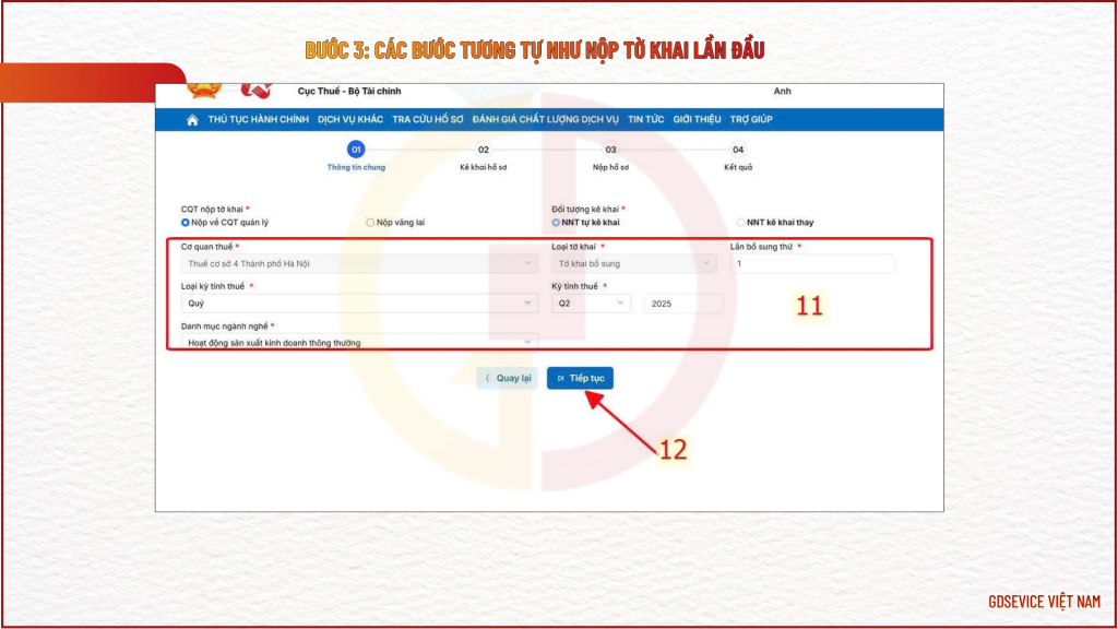 Bước 3: Các bước tương tự như nộp tờ khai lần đầu