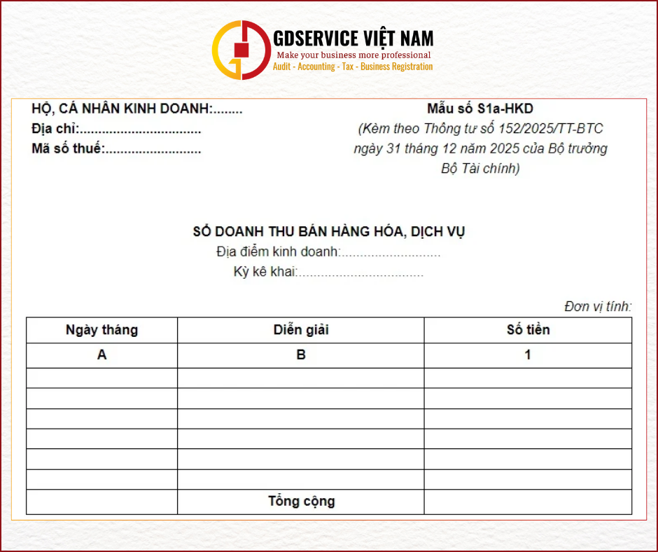 sử dụng Sổ doanh thu bán hàng hóa, dịch vụ (mẫu số S1a-HKD) sau đây để ghi chép doanh thu bán hàng hóa, dịch vụ,