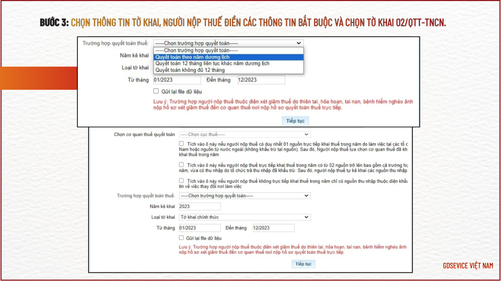 Bước 3: Chọn thông tin tờ khai, người nộp thuế điền các thông tin bắt buộc và chọn Tờ khai 02/QTT-TNCN.