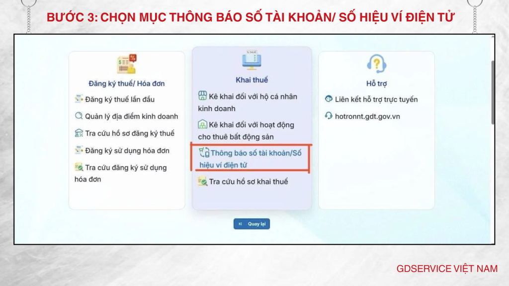 Bước 3: Chọn mục Thông báo số tài khoản/ số hiệu ví điện tử