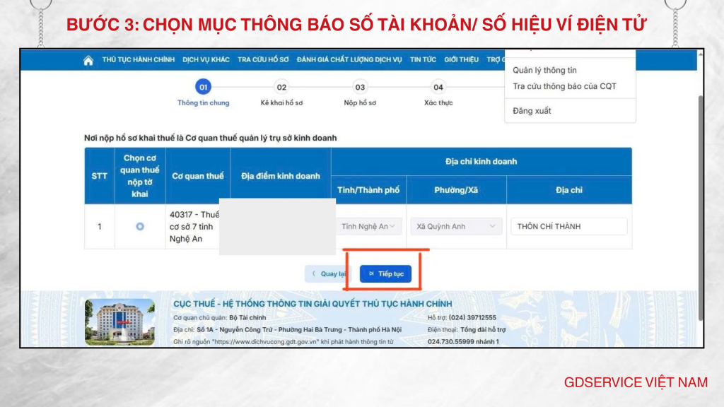 Bước 3: Chọn mục Thông báo số tài khoản/ số hiệu ví điện tử