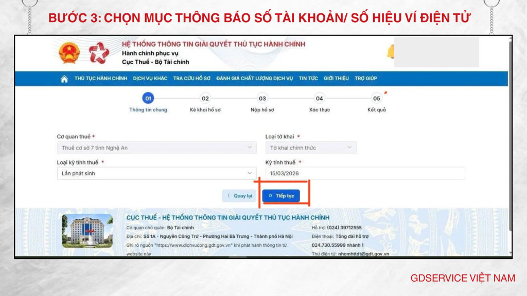 Bước 3: Chọn mục Thông báo số tài khoản/ số hiệu ví điện tử