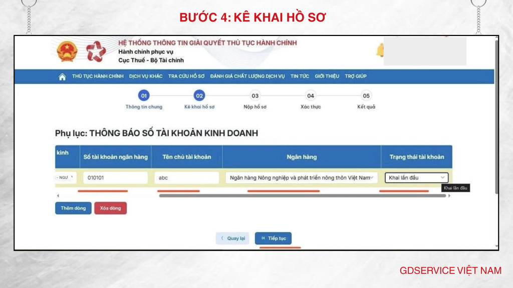 Bước 3: Kê khai hồ sơ
Giao diện sẽ hiện lên các dòng dữ liệu trống như Số TKNH, chủ TK, ngân hàng. Hộ KD điền dữ liệu đầy đủ, chọn trạng thái “Khai lần đầu” và nhấn tiếp tục