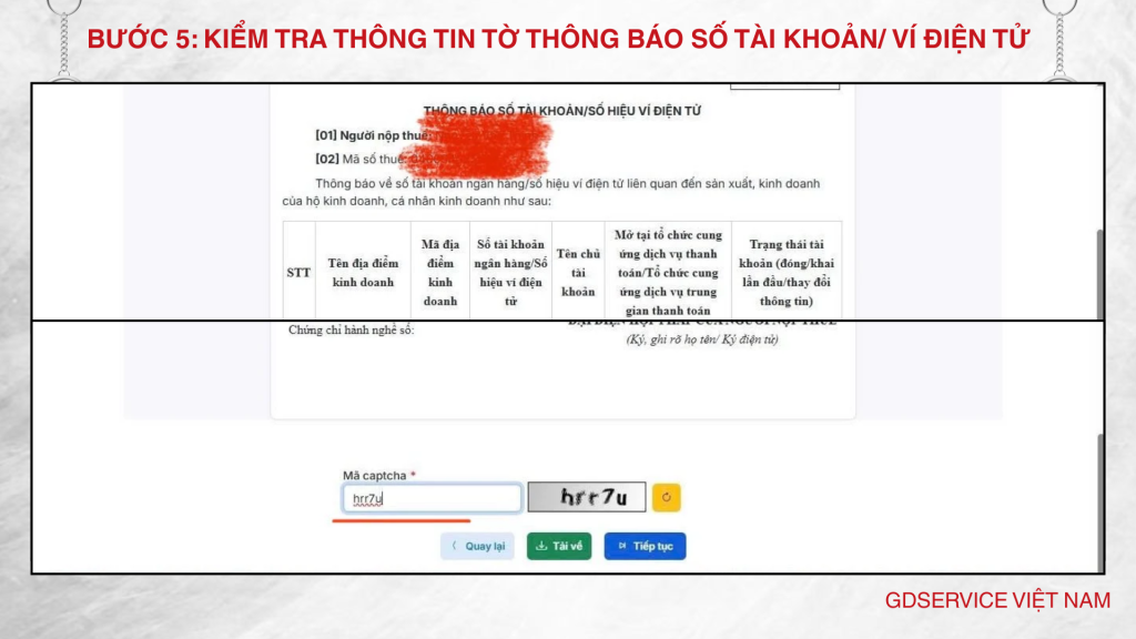 Bước 4: Kiểm tra thông tin tờ Thông báo số tài khoản/ ví điện tử
Hệ thống sẽ hiện mẫu TB điện tử như thế này để hộ KD kiểm tra lại tính chính xác.