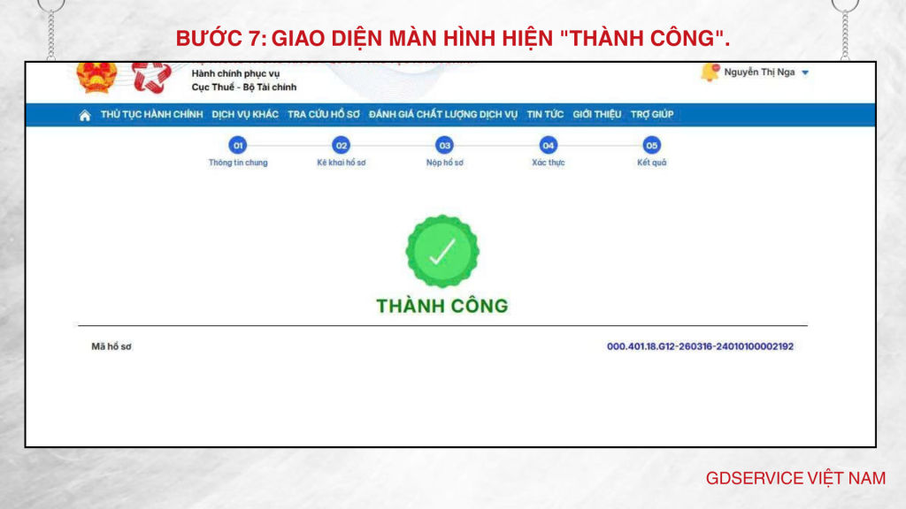 Giao diện màn hình hiện "Thành công"