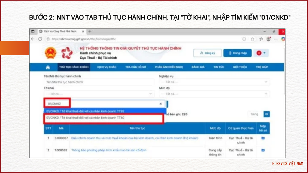 Bước 2: NNT vào tab Thủ tục hành chính, tại "Tờ khai", nhập tìm kiếm "01/CNKD"