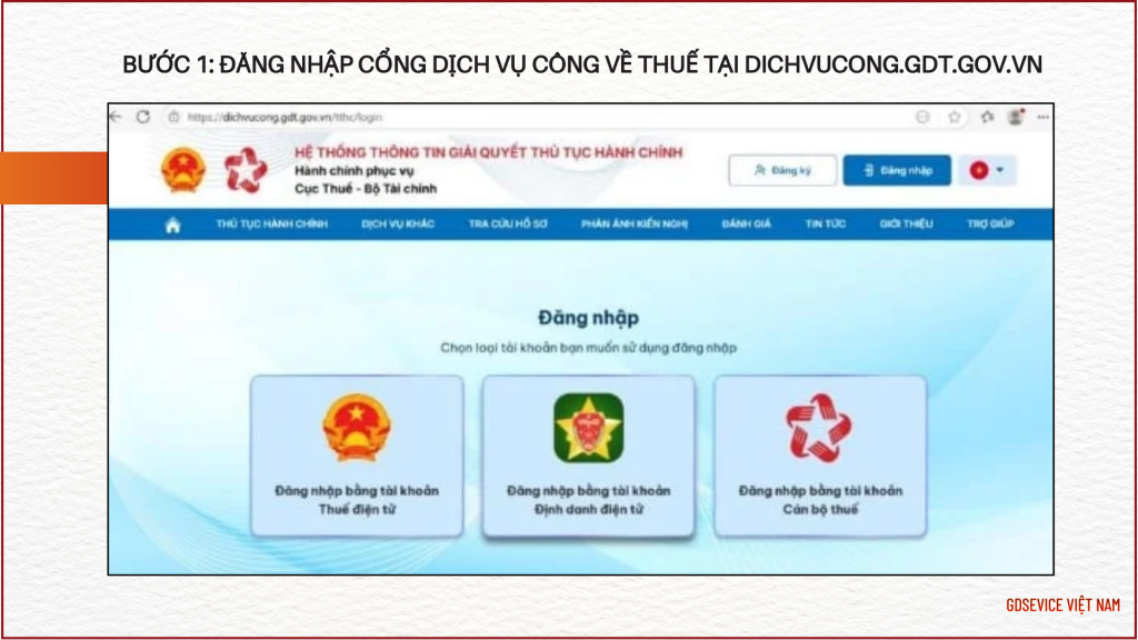 Bước 1: Đăng nhập Cổng Dịch vụ công về thuế