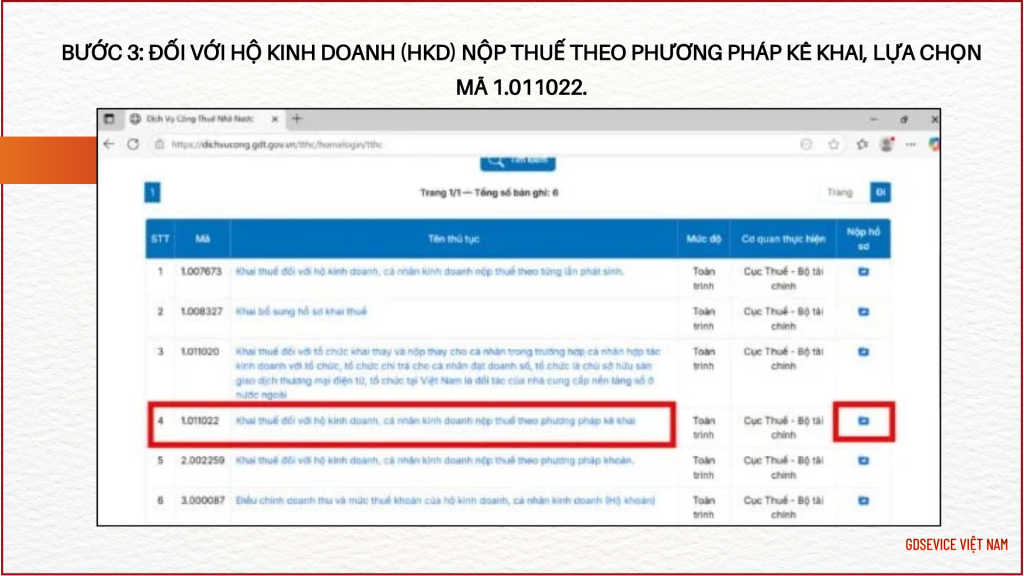 Bước 3: Đối với hộ kinh doanh (HKD) nộp thuế theo phương pháp kê khai, lựa chọn mã 1.011022.
- Nhấn chọn biểu tượng nộp hồ sơ.