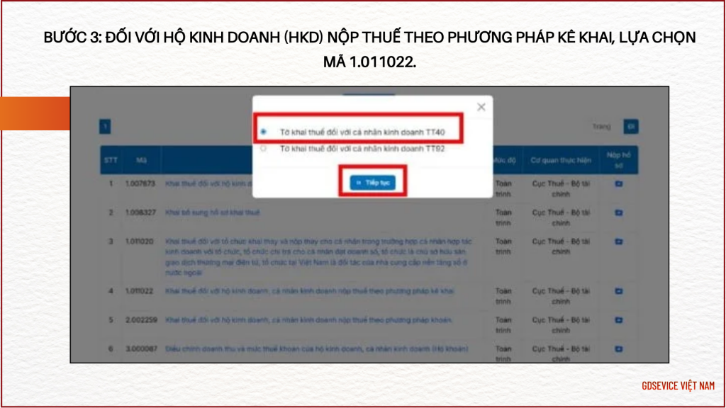 - Chọn Tờ khai thuế đối với cá nhân kinh doanh T40.
- Chọn "Tiếp tục".