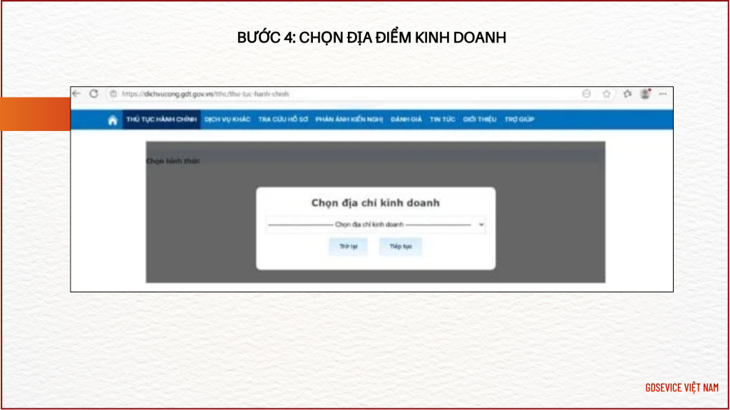 Bước 4: Chọn địa điểm kinh doanh
- Sau đó chọn "Tiếp tục".