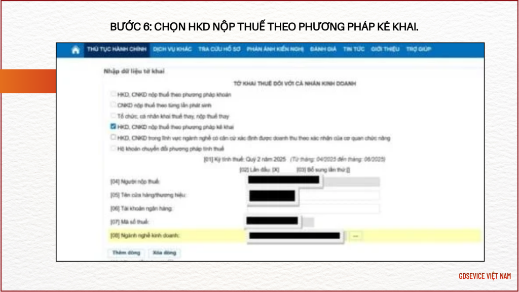 Bước 6: Chọn HKD nộp thuế theo phương pháp kê khai.