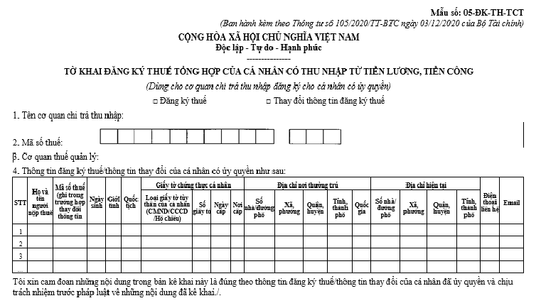 Hướng dẫn đăng ký Mẫu 05-ĐK-TH-TCT cho cá nhân có thu nhập