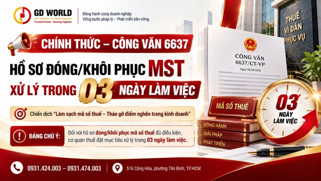 Công văn 6637/CT-VP xử lý hồ sơ đóng khôi phục mã số thuế trong 03 ngày làm việc
